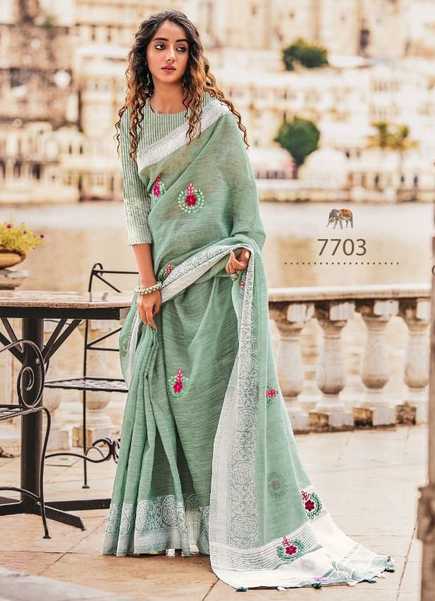 Sea Green Soft Linen Silk Saree,Buy Now Floral Saree At Best Rates,Authentic Linen Embroidery Silk Saree Online