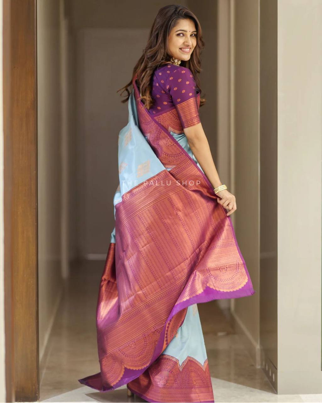 CHARUKRITI Sky Blue & Pink Cotton Embroidered Saree With Unstitched Blouse