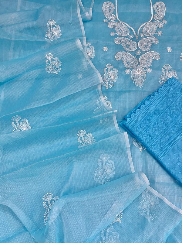 Sky Blue Hand Embroided Cotton Kota Doria Suit With Dupatta