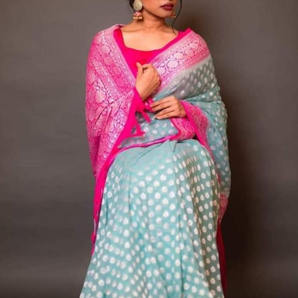 Sky Blue Pink Heavy Banarasi Georgette Saree - jhakhas.com
