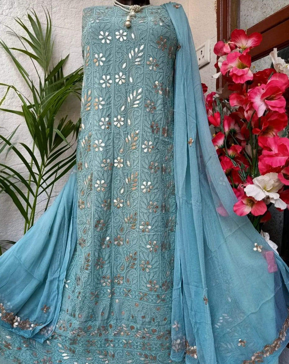Sky Blue Chikankari Gota Salwar Suit,Best Chikankari Suits Online,Shop Chikankari Unstitched Suits