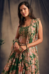 Stylish Green Floral Organza Lehenga