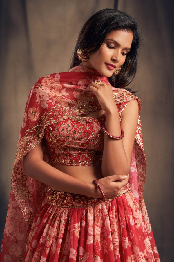 Stylish Red Floral Organza Lehenga
