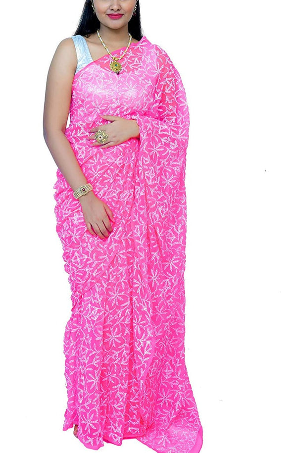 Hotpink Lucknowi Tepechi Work Saree