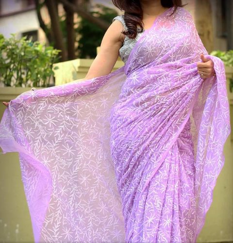 Purple Lucknowi Tepechi Work Saree ,Chikankari saree from lucknow, Chikankari saree online