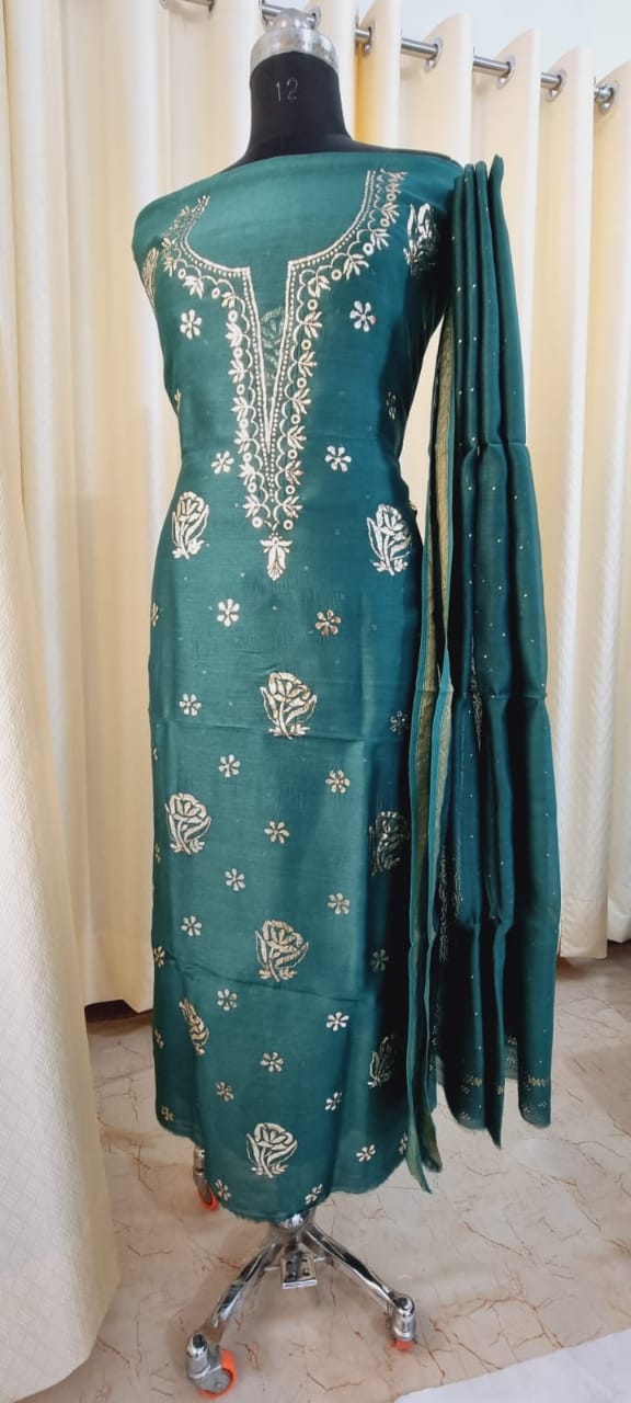 Teal Green Chanderi Chikankari Silk Kurti And Dupatta