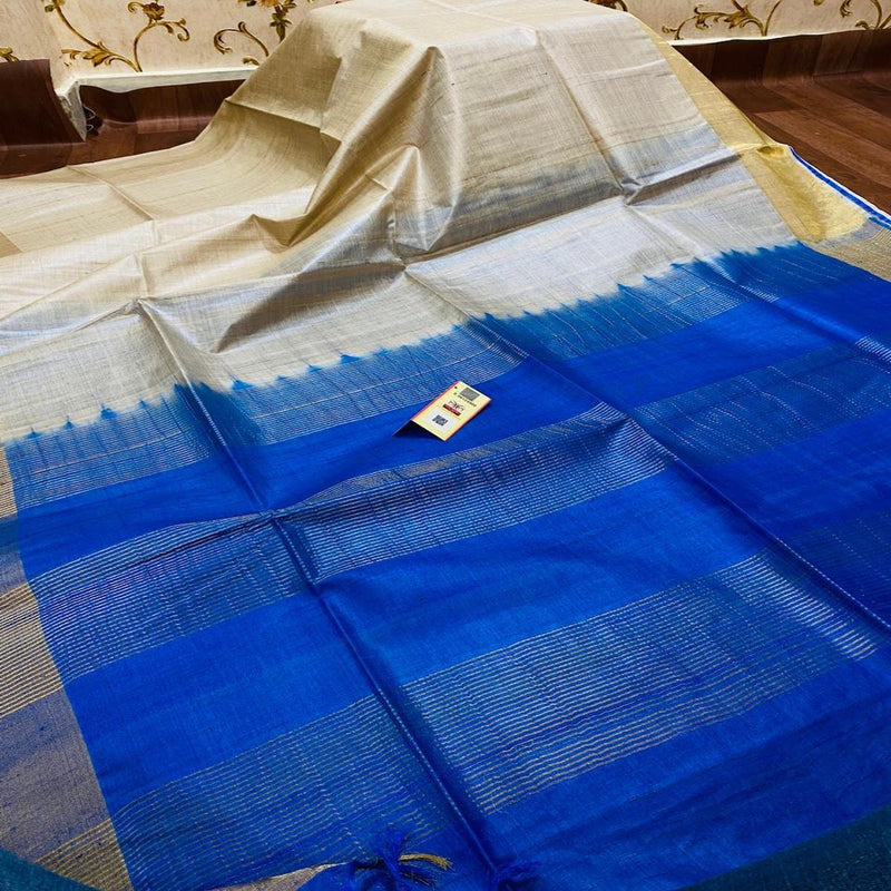 Royal Blue Pallu Tussar Silk Saree With Blouse