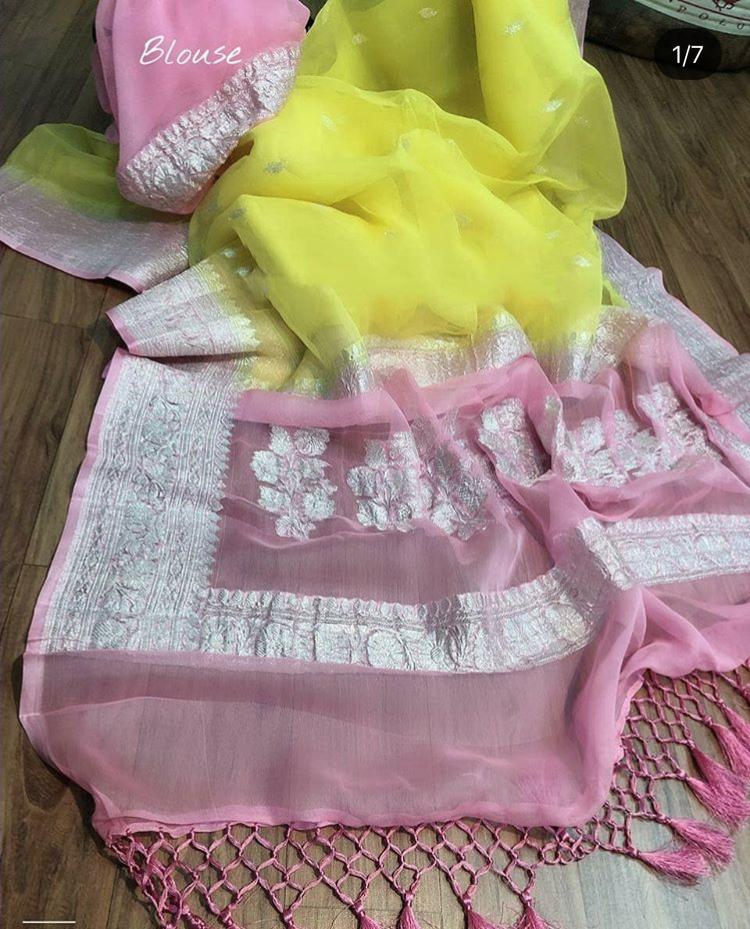 Yellow And Pink Banarasi Khaddi Georgette Saree