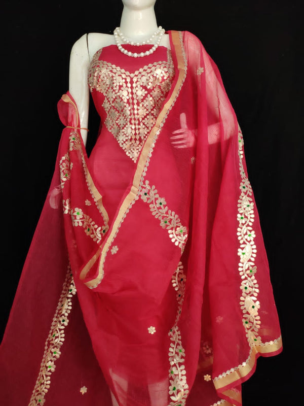 Beautiful Kota Doria Embroidery Work Suit In Red,kota doria suits online shopping