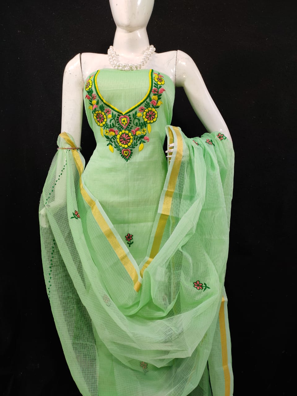 Fancy Kota Doria Embridery Work Suit In Green