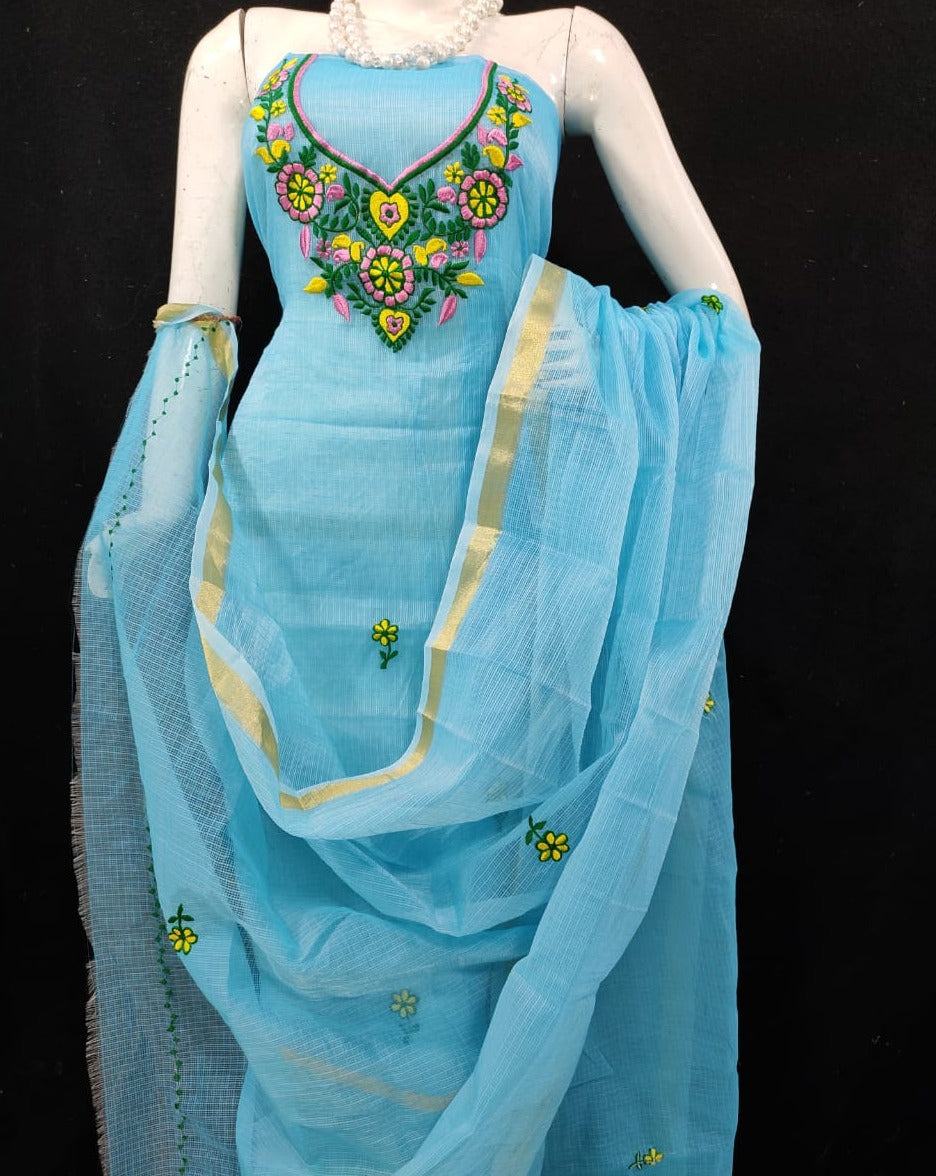 Classic Kota Doria Embroidery Work Suit In Sky Blue,kota doria suits online shopping