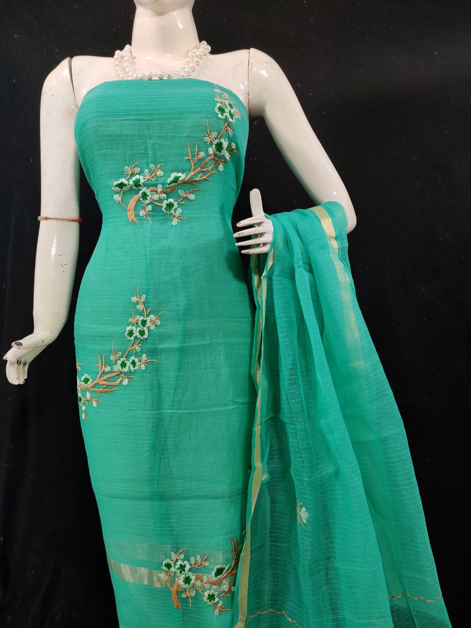 Classic Kota Doriya Embroidery Work Suit In Rama Green