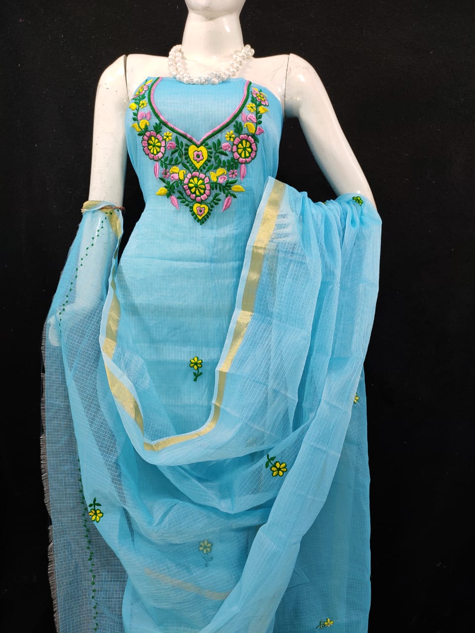 Classic Kota Doriya Embroidery Work Suit In Sky Blue