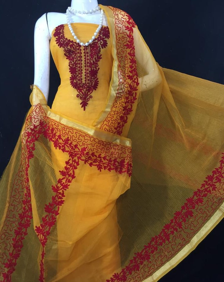 Beautiful Kota Doria Embroidery Work Suit In Yellow,kota doria suit material