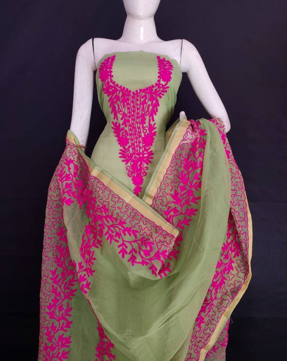 Shop Kota Doria Embroidery Work Suit In Green,kota doria cotton suit