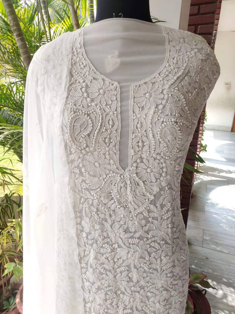 White Georgette Chikankari Salwar Suit,Buy Lucknowi Chikanakri Suit Online,Shop Chikankari Suit Set At Affordable Price