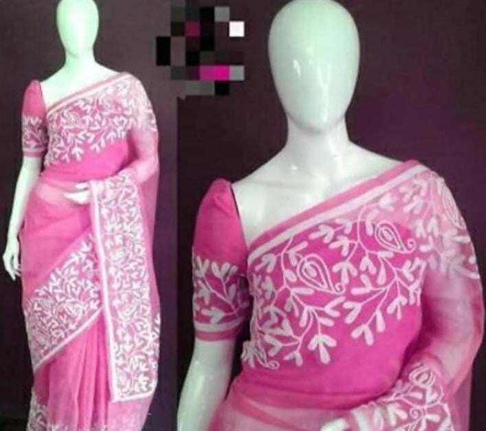 Buy Pink Kota Doria Embroidery Work Sari, Kota Cotton Saree