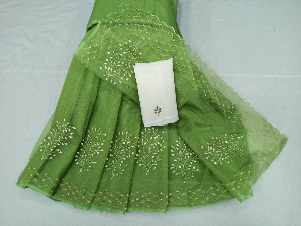 Buy Green Kota Doria Embroidery Work Sari, Kota Cotton Saree