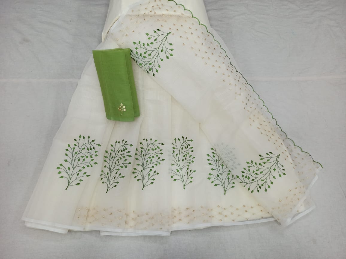 Buy Now  Kota Doria Embroidery Work Sari In White, Kota Sarees Sale