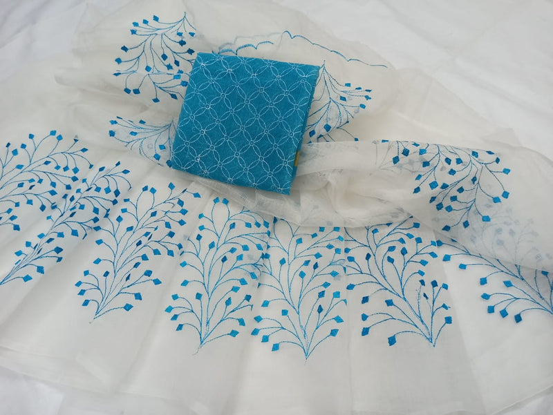 Shop  Kota Doria Embroidery Work Sari In White, Kota Silk Sarees