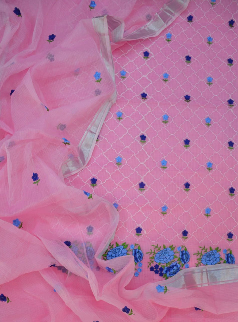 Kota Doria Embridery Work Suit In Pink,kota doria suits with price