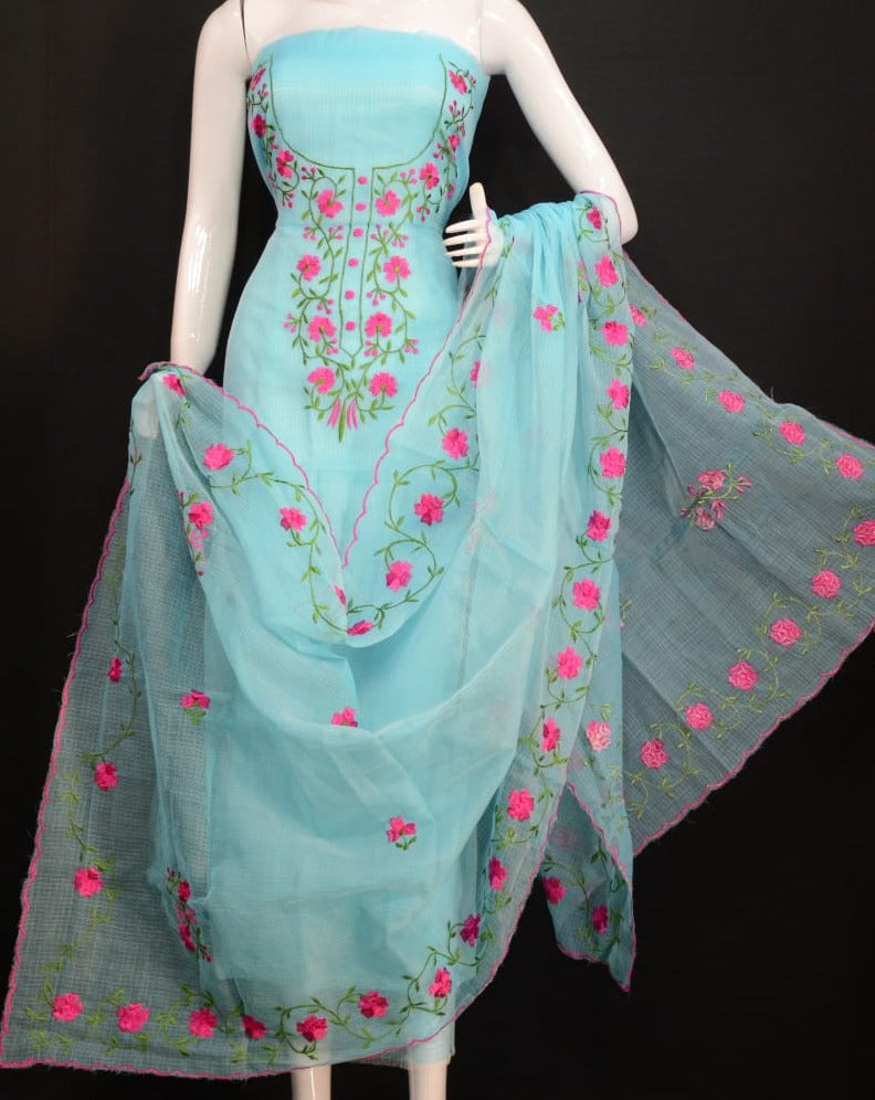Beautiful Kota Doria Embroidery Work Suit In Sky Blue,kota doria suits online shopping