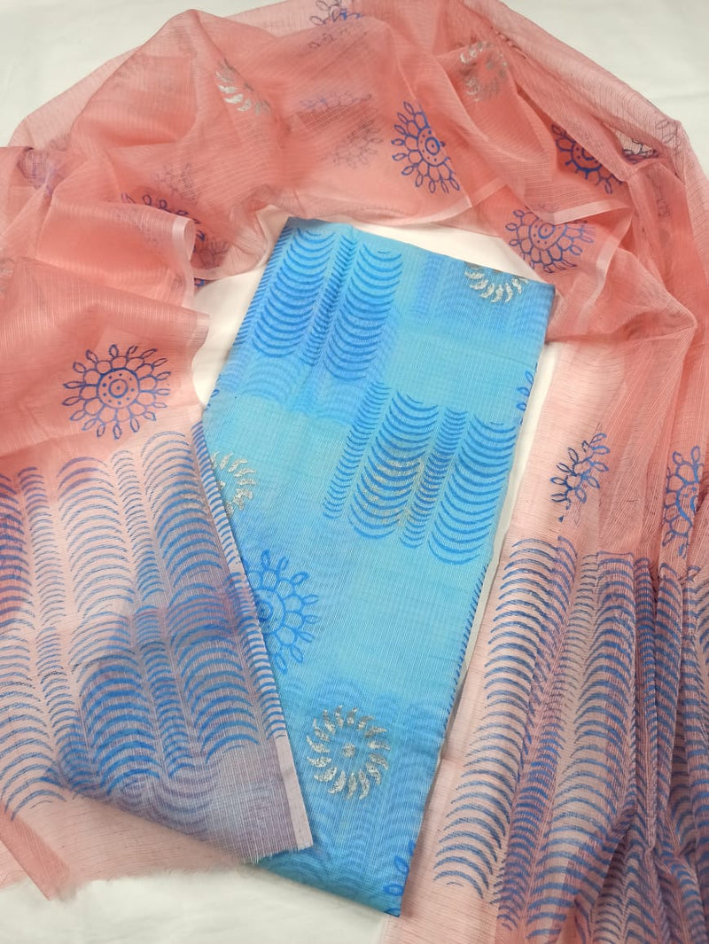 Sky Blue Peach Kota Doria Hand Block Print Suit,kota doria suit material