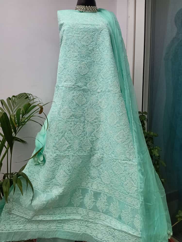 Fancy Cotton chikankari salwar suit in sea green - jhakhas.com