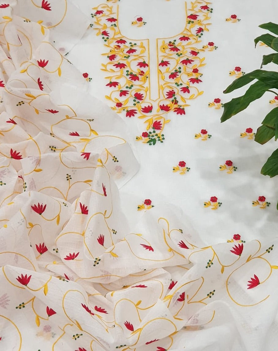 Beautiful Kota Doria Embroidery Work Suit In White and Yellowkota doria suits in jaipur