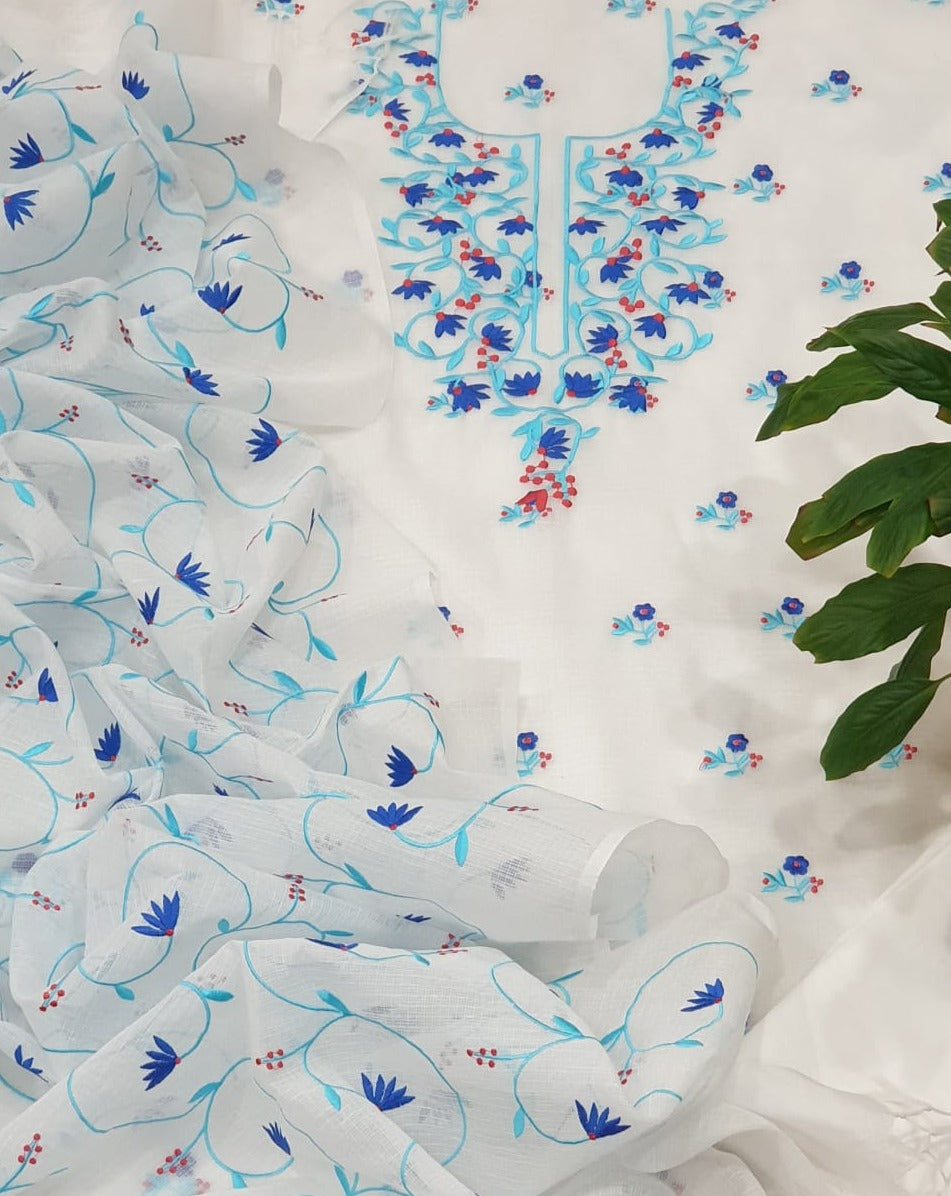 Kota Doria Embroidery Work Suit In White and bluekota doria suit material