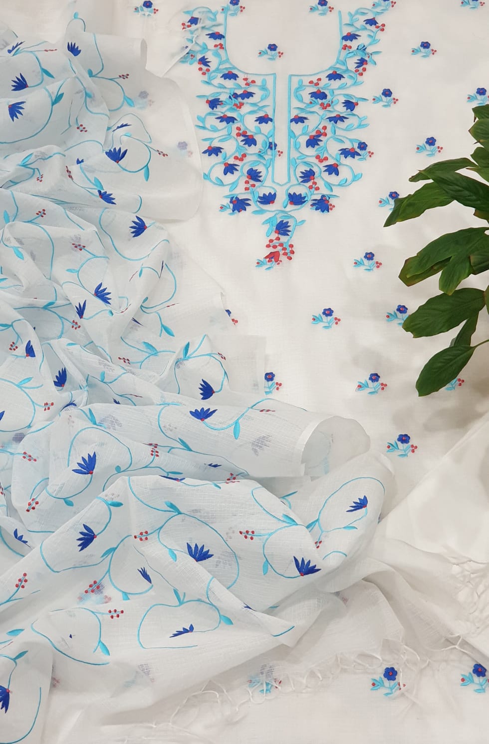 Kota Doriya Embroidery Work Suit In White and blue