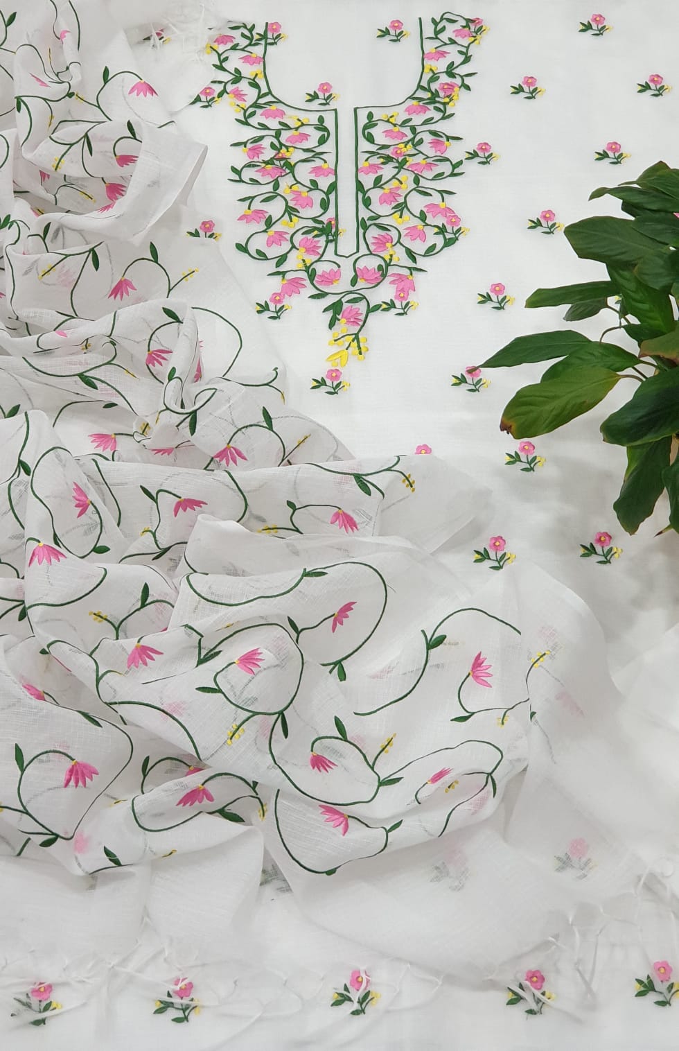 Kota Doriya Embroidery Work Suit In White and green