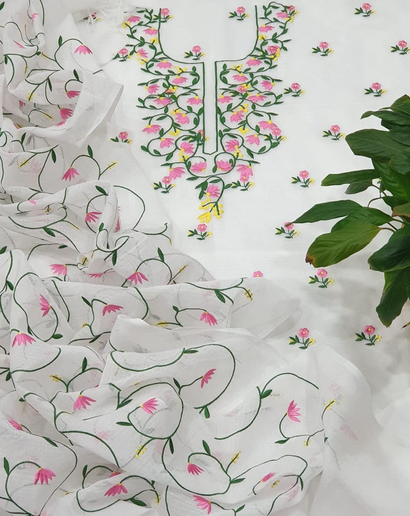 Kota Doria Embroidery Work Suit In White and greenkota doria gota patti suits