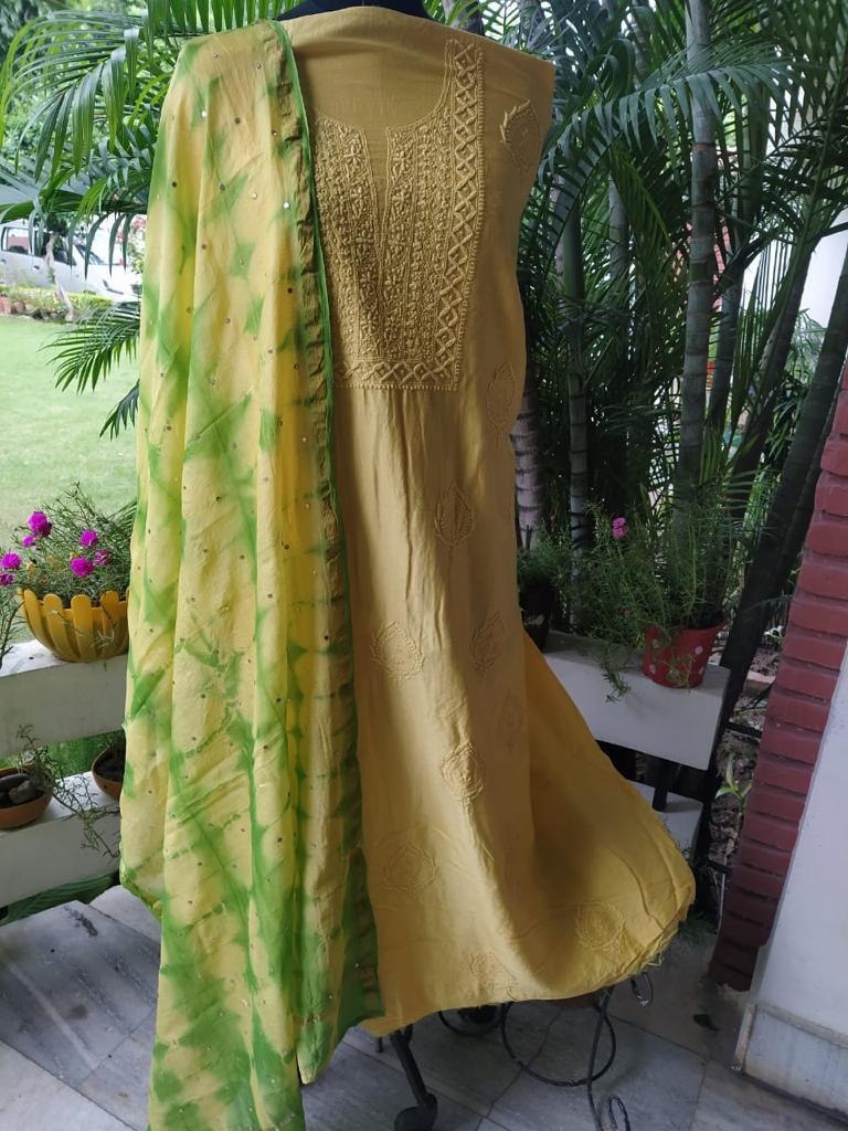 Yellow Pure Chanderi Chikankari Salwar Suit