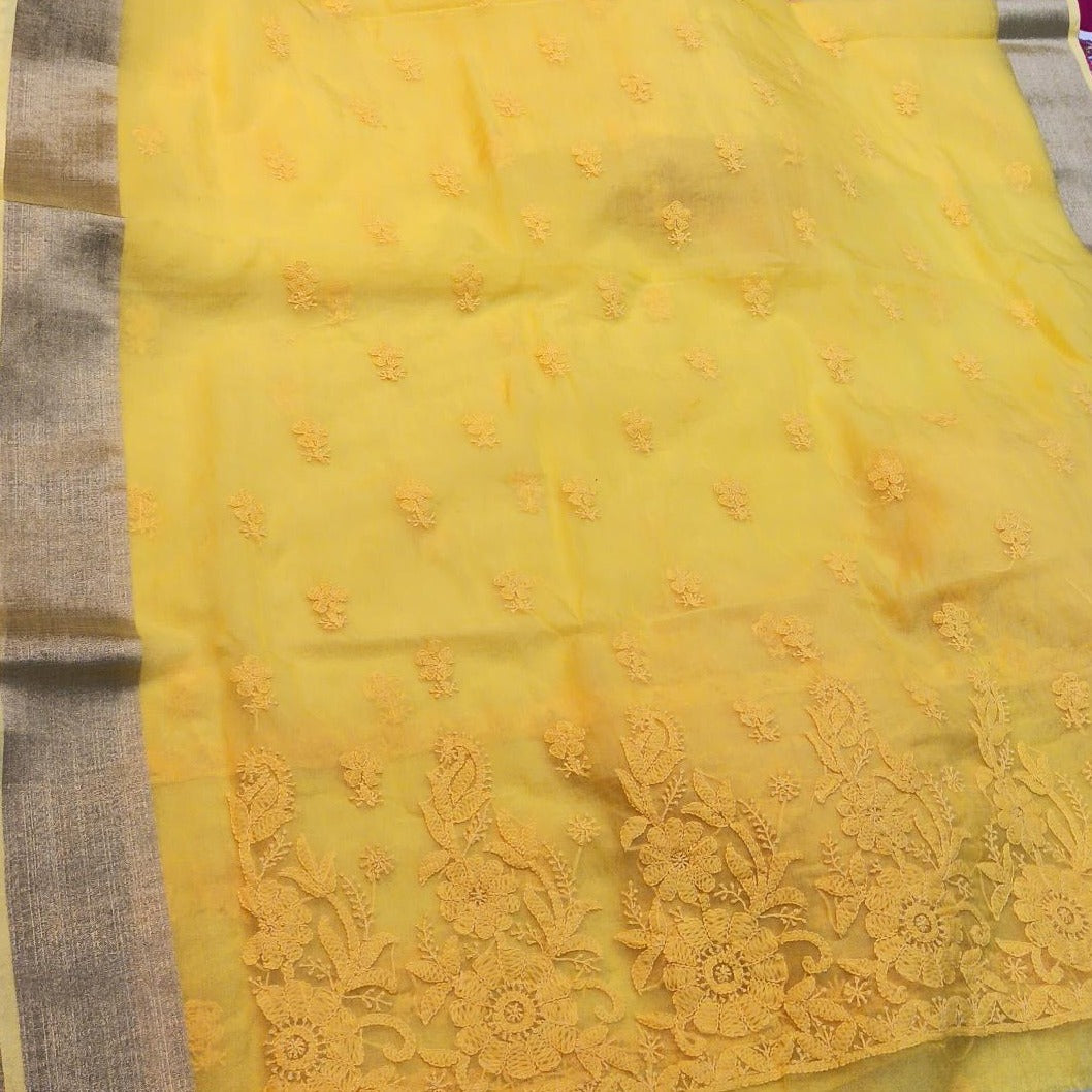 Yellow Organza Chikankari Salwar Suit