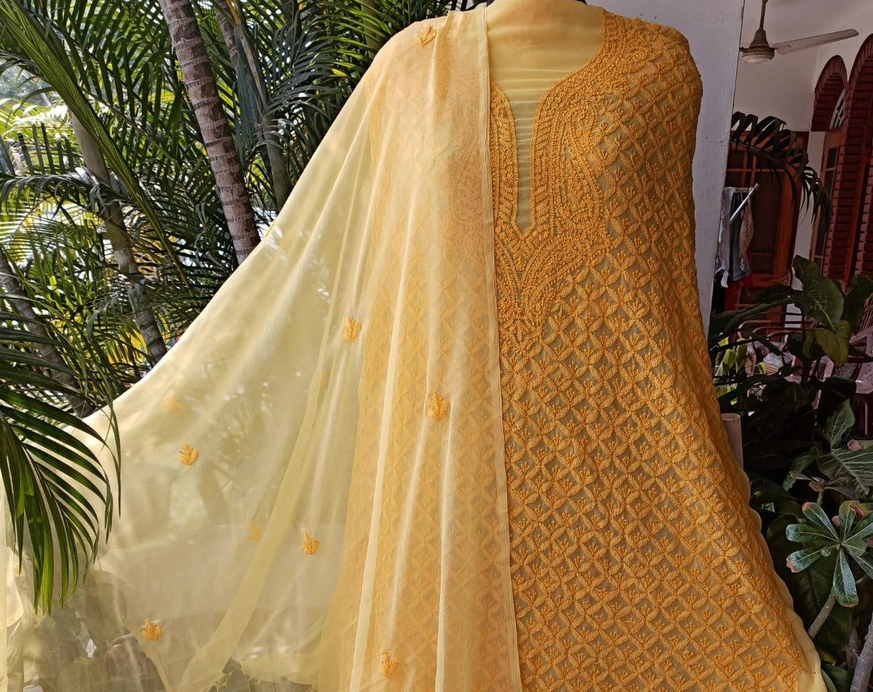 Haldi Yellow Georgette chikankari kurta salwar dupatta set 