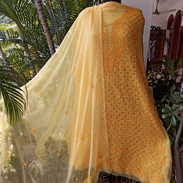 Yellow Georgette Chikankari Salwar Suit Set