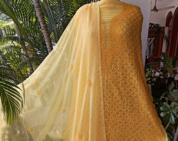 Yellow Georgette Chikankari Salwar Suit Set,Authentic Chikari Suit Set,Best Lucknawi Chikankari Suit At Best Rates