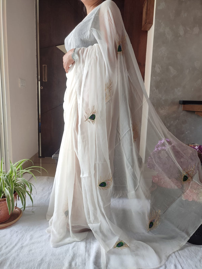 Rajputi Chiffon Handwork Saree in Cream