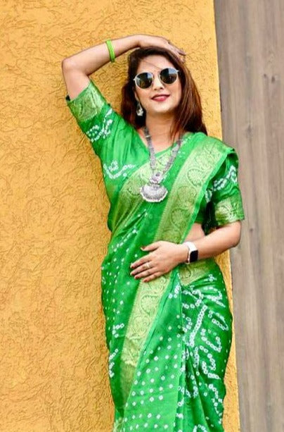 Green Bandhej Soft Art Silk Saree