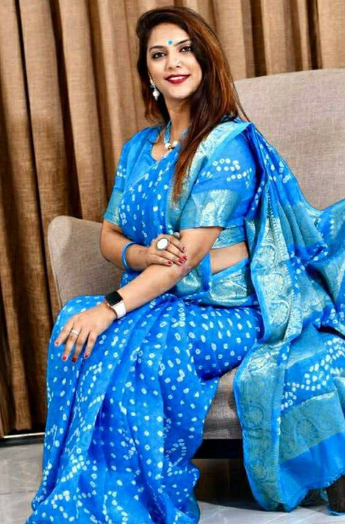 Light Blue Bandhej  Soft Art Silk Saree