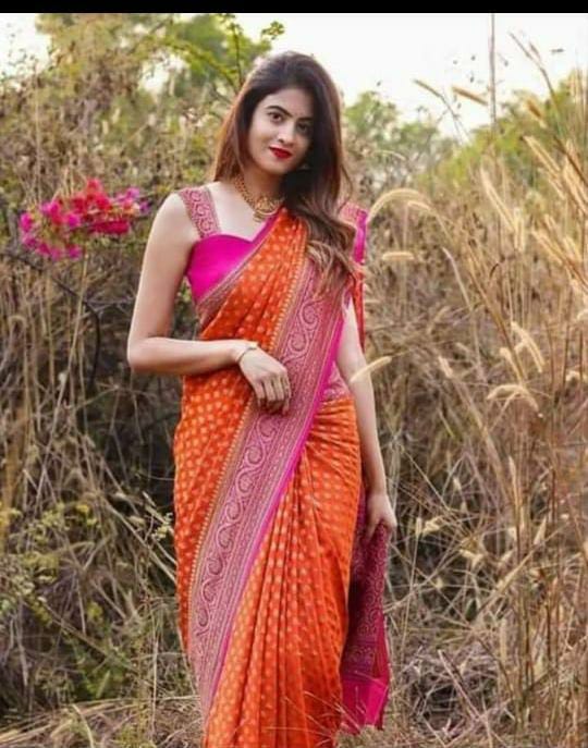 Orange-Pink Heavy Banarasi Party Wear Saree