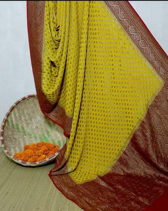 Butter Yellow-Dark Red Buti Jaal Banarasi Saree