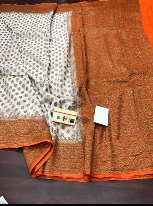 White and Orange Heavy Banarasi Saree