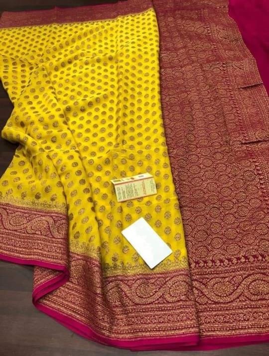 Sun Yellow-Hot Pink Banarasi Khaddi Georgette Saree