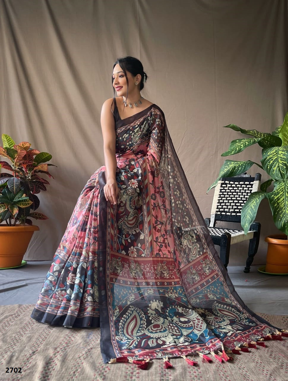 Pink Cotton Kalamkari Print Saree