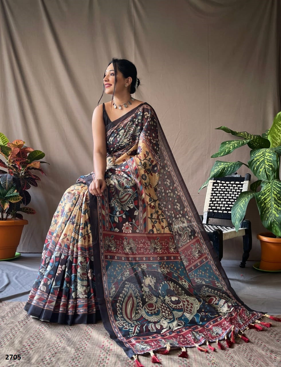 Yellow Cotton Kalamkari Print Saree