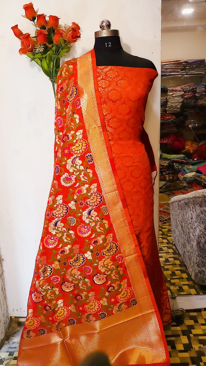 Orange Banarasi Silk Katan Dyeable Suit