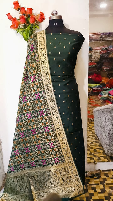 Dark Green Banarasi Silk Katan Bandhani Suit with Dupatta FLAT
