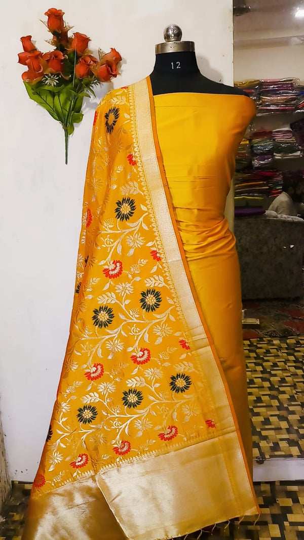 Yellow Banarasi Silk Katan Suit online 